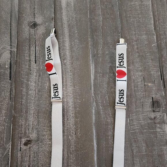 I Love Jesus Adjustable Suspenders White With Red & Black Design Unisex - Picture 7 of 8